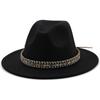 Women Men Woolen Fedora Hat With Black Leather Gentleman Elegant Lady Winter Autumn Wide Brim Jazz Church Panama Sombrero Cap