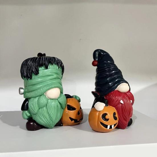 Halloween Gnome Statue Spooky Holding Pumpkin Wizard Zombie Dwarf Figurine Resin Sculpture Home Office Desktop Decoration Ornament