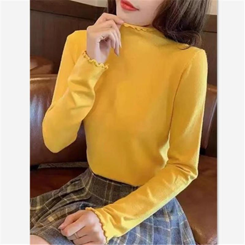 Осенне-зимняя женская нижняя рубашка с модной деревянной кромкой ушка, мягкий свитер с высоким воротником и трикотажными топами