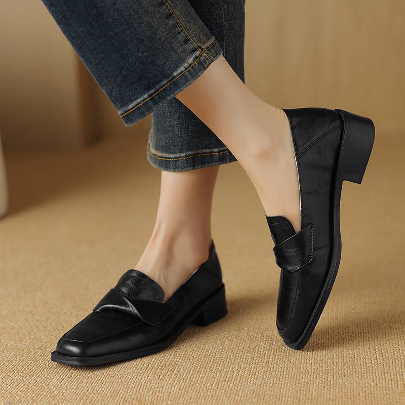 Krazing Pot Cow Leather Square Toe Thick Med Heels Spring Shoes Loafers Oxford Shoes Daily Wear Women Pumps