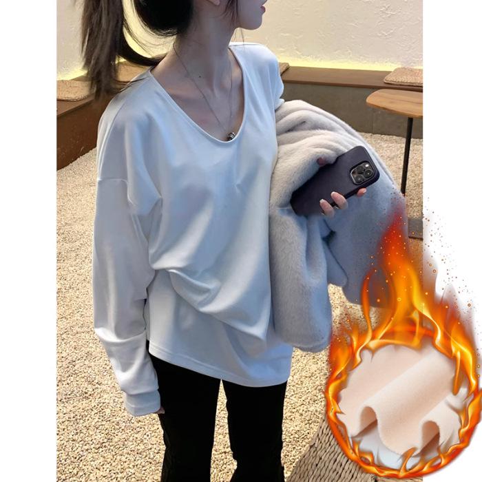 Женская белая рубашка с V-образным вырезом, длинными рукавами, свободного кроя, средней длины - осенне-зимний многослойный топ
