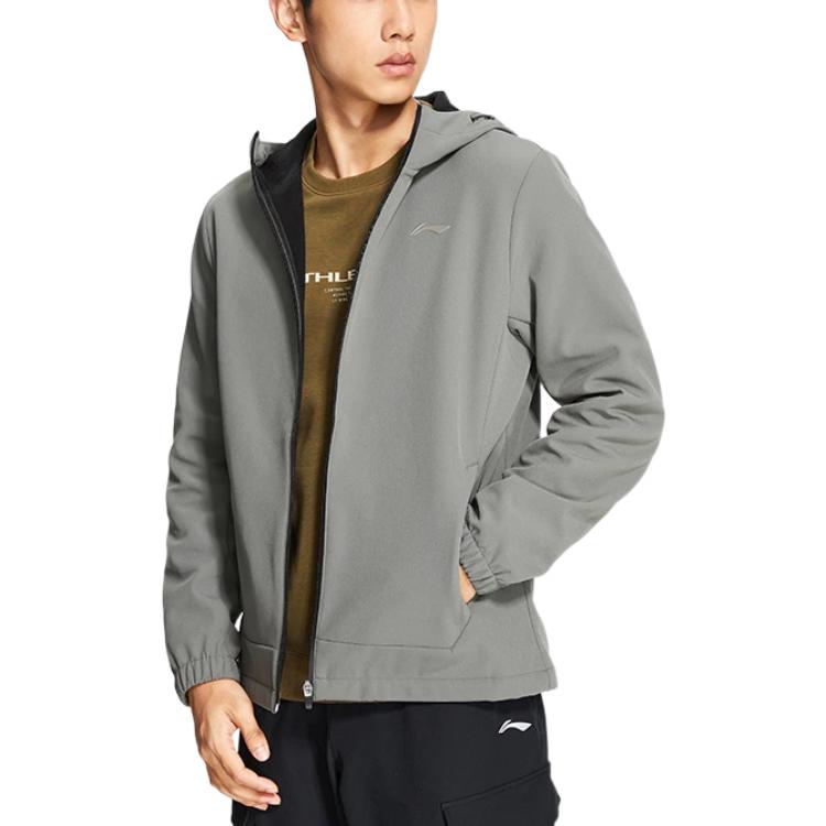 Li-Ning Серия Fitness, однотонная, с принтом логотипа, на молнии, с капюшоном, спортивная ветровка, мужская верхняя одежда, серая AFDSA01-2