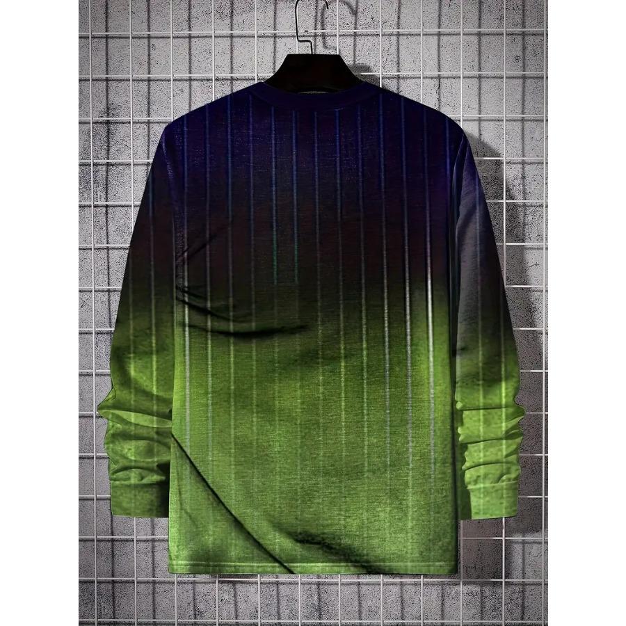 Gradient Color Stripe Long Sleeve Novelty Crew Neck T-Shirt Soft Slight Stretch Polyester Contrast Collar All Over Print Design