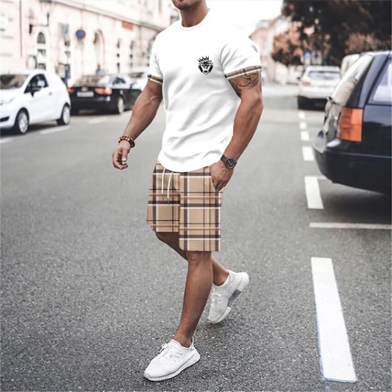 Summer Vocation Men's Tshirt Set 3D Print Solid Color Men Round Neck T-Shirt Shorts Two Piece Set Casual Man Suits Clothing