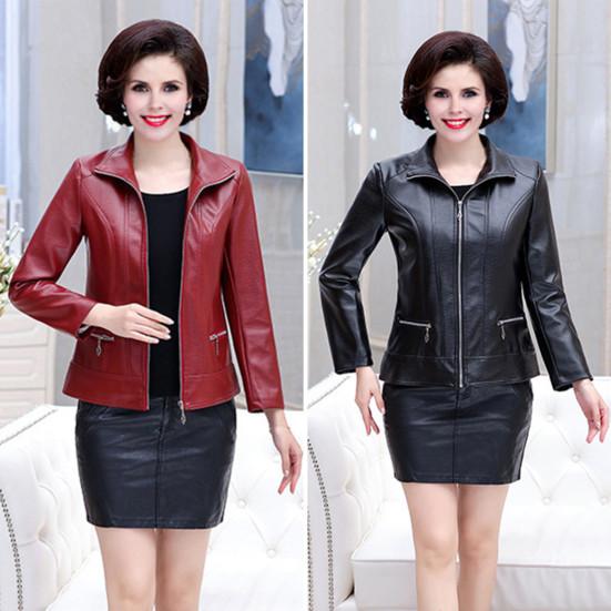 Куртка для женщин среднего возраста из искусственной кожи с гладкой поверхностью, отложным воротником, застежкой-молнией, карманами на молнии, длинными рукавами, ретро-пальто для мотоциклистов, верхняя одежда больших размеров для путешествий