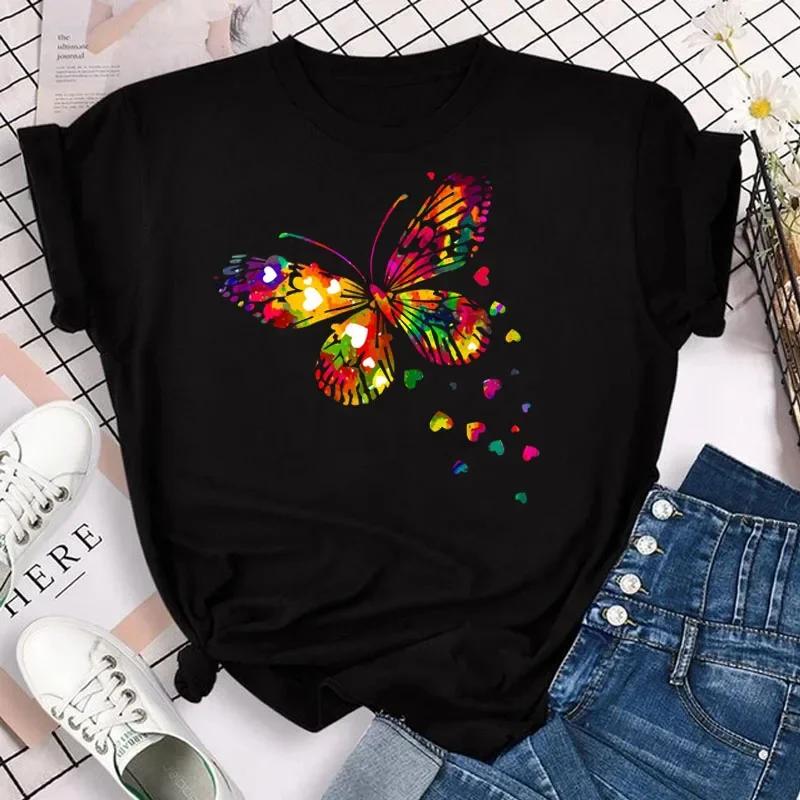 Women's Colorful Butterfly Petal Print T-shirt Short-sleeved Round Neck Cute Graphic Top