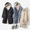 Women's Winter Autumn Hooded White Duck Down Jacket Coat Loose Long Solid Color Big Pocket Knit Hat Down Coat