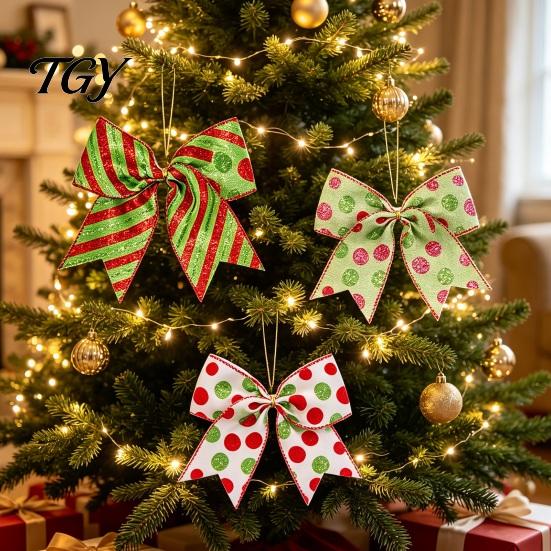 Reusable Seasonal Party Supplies 2Pcs Christmas Polka Dot Bow Decor, European Style Ribbon Ornament for Tree Topper Decorations Gift Box Wreath,