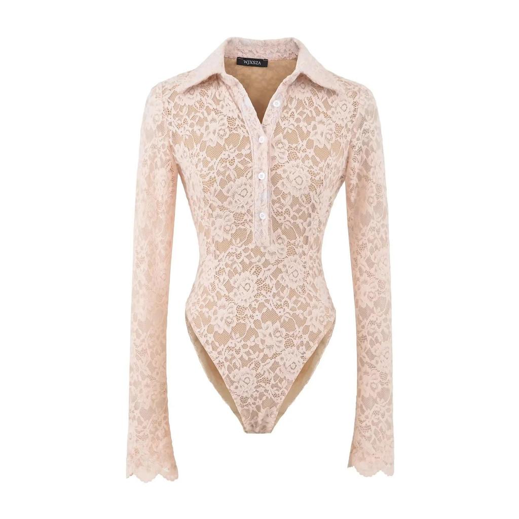 Европейский модный боди с кружевной отделкой и воротником-лацканами