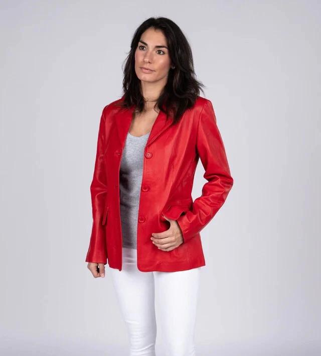 New Red Handmade Designer Leather Party Blazer Women's Formal Lambskin Stylish