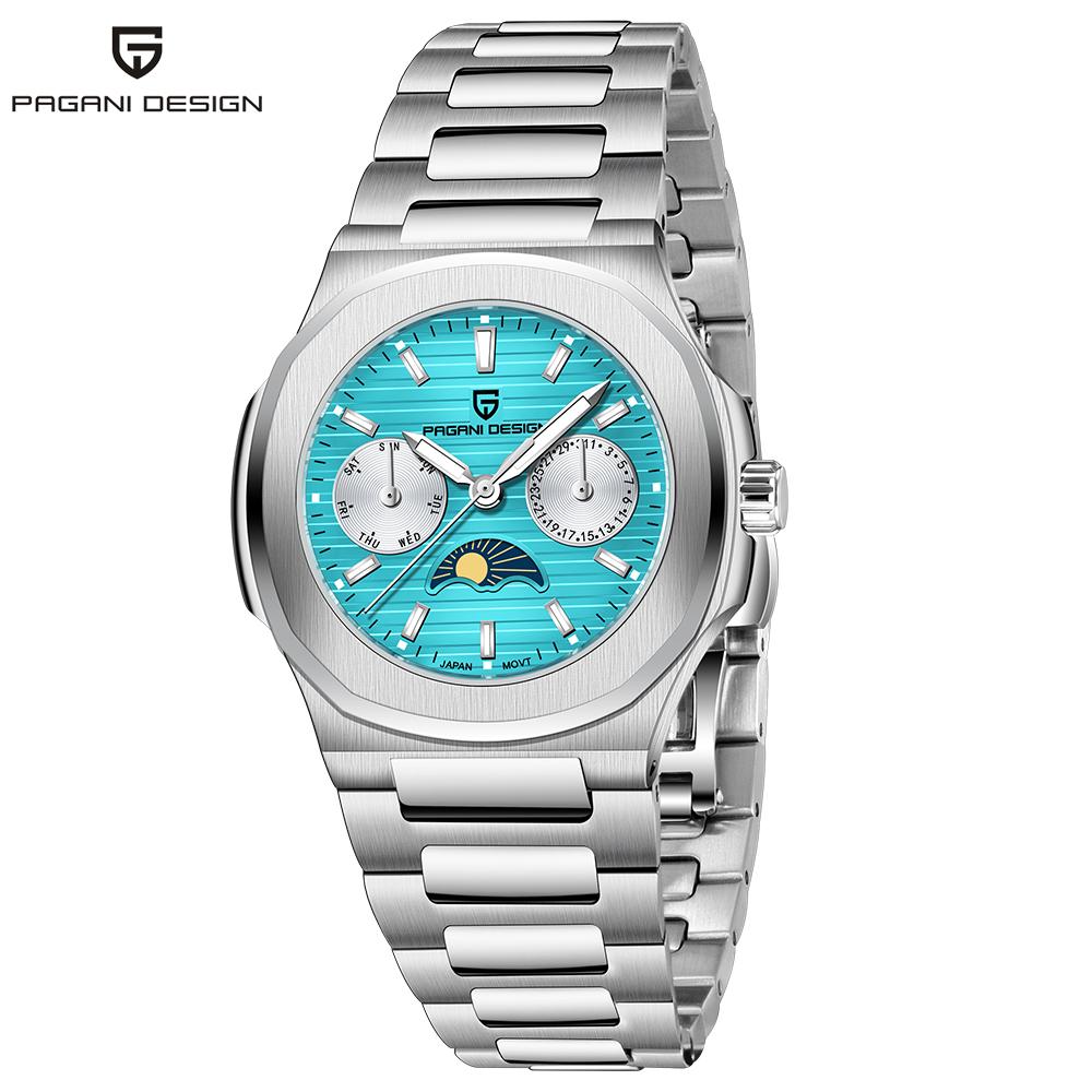 PAGANI DESIGN New Ice Blue Quartz Women's Watch Moon phase Automatic Date Chronograph Stainless steel Luminous Wrist watch