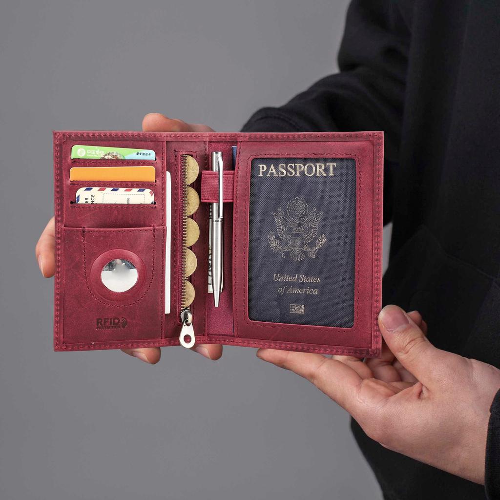 CONTACT'S Genuine Leather Passport Wallet Business Credit Card Holder Anti-lost Travel Purse