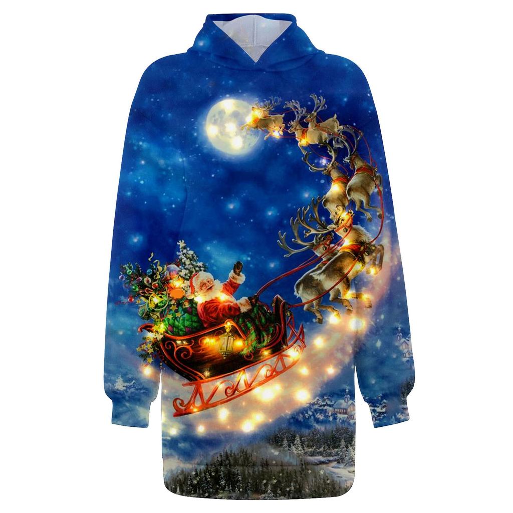 Women's Fashion Christmas Printed Pockets Long Sleeve Hoodies Pullover Dress