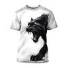 Men's White T-Shirt with Realistic Roaring Black Panther Print, Aggressive Wild Cat Graphic, Short Sleeve Crew Neck Tee for Casual Streetwear