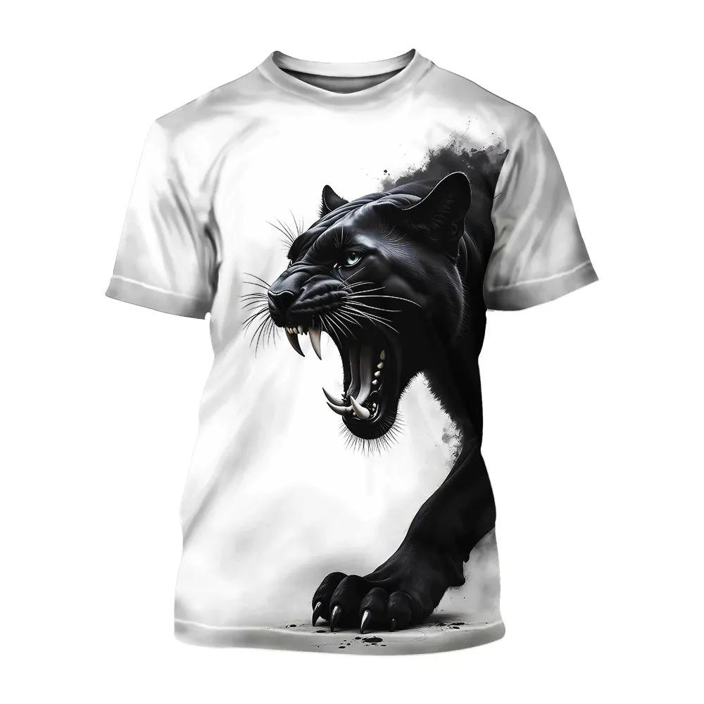 Men's White T-Shirt with Realistic Roaring Black Panther Print, Aggressive Wild Cat Graphic, Short Sleeve Crew Neck Tee for Casual Streetwear