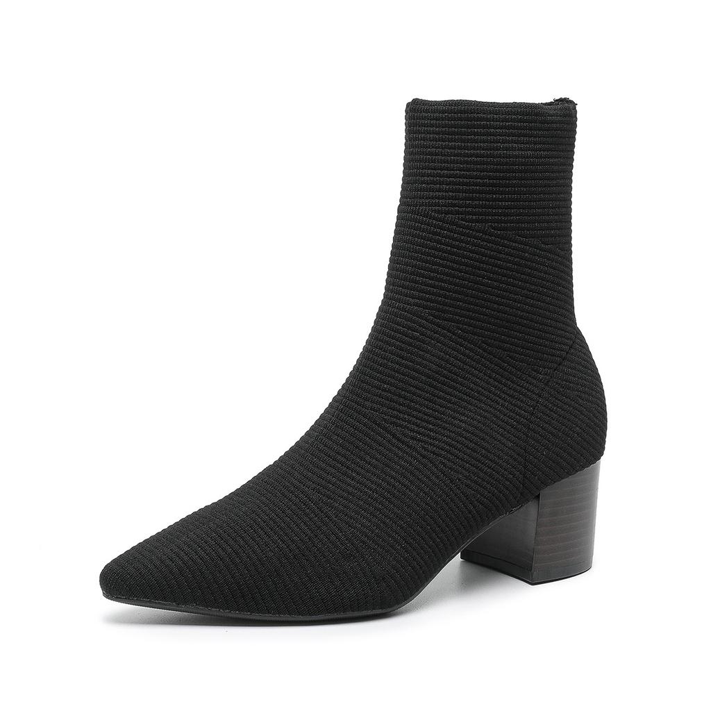 Женские остроносые ботильоны-носки на низком толстом блочном каблуке, эластичные короткие ботильоны, удобные женские трикотажные ботинки «Челси»