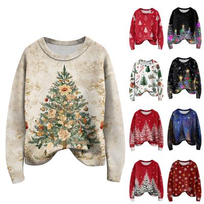 Пуловеры с длинным рукавом для женщин, с круглым вырезом, повседневные, милые, с принтом, вязаные, оверсайз