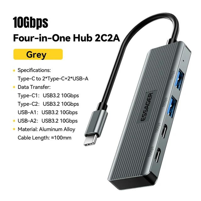Essager 4 в 1 Type C к USB-концентратору, 4 порта USB3.2 Gen 2, портативный высокоскоростной адаптер-сплиттер для Macbook Pro, компьютерные аксессуары