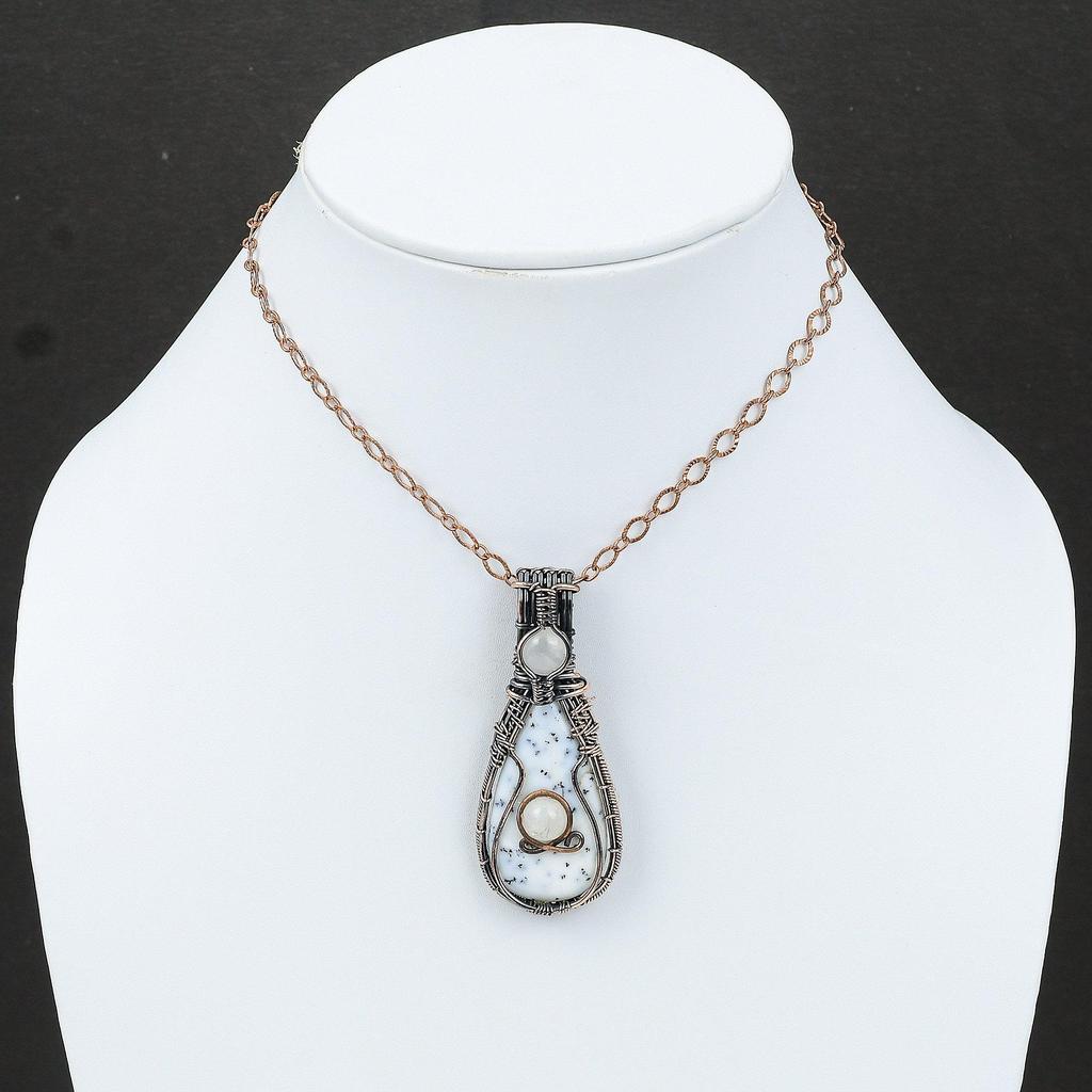 Подвеска из опала дендрита, обернутая медной проволокой, подвеска из лунного камня, обернутая ювелирным изделием, подвеска из меди ручной работы, достойные ювелирные изделия из драгоценных камней для подарка