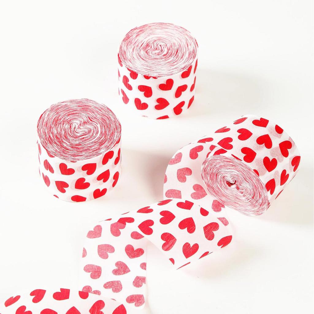 Pack Of 6 Valentines Heart Print Crepe Paper Rolls Colorful Ribbon Wedding Party Decorations Handmade Craft Supplies