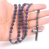 Religious Matte Black Cross Pendant with Faux Agate & Hematite Necklace - Long Sweater Chain