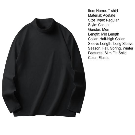 Men Bottoming T-shirt Half-high Collar German Velvet Solid Color Elastic Mid Length Pullover Layering Top for Winter And Fall