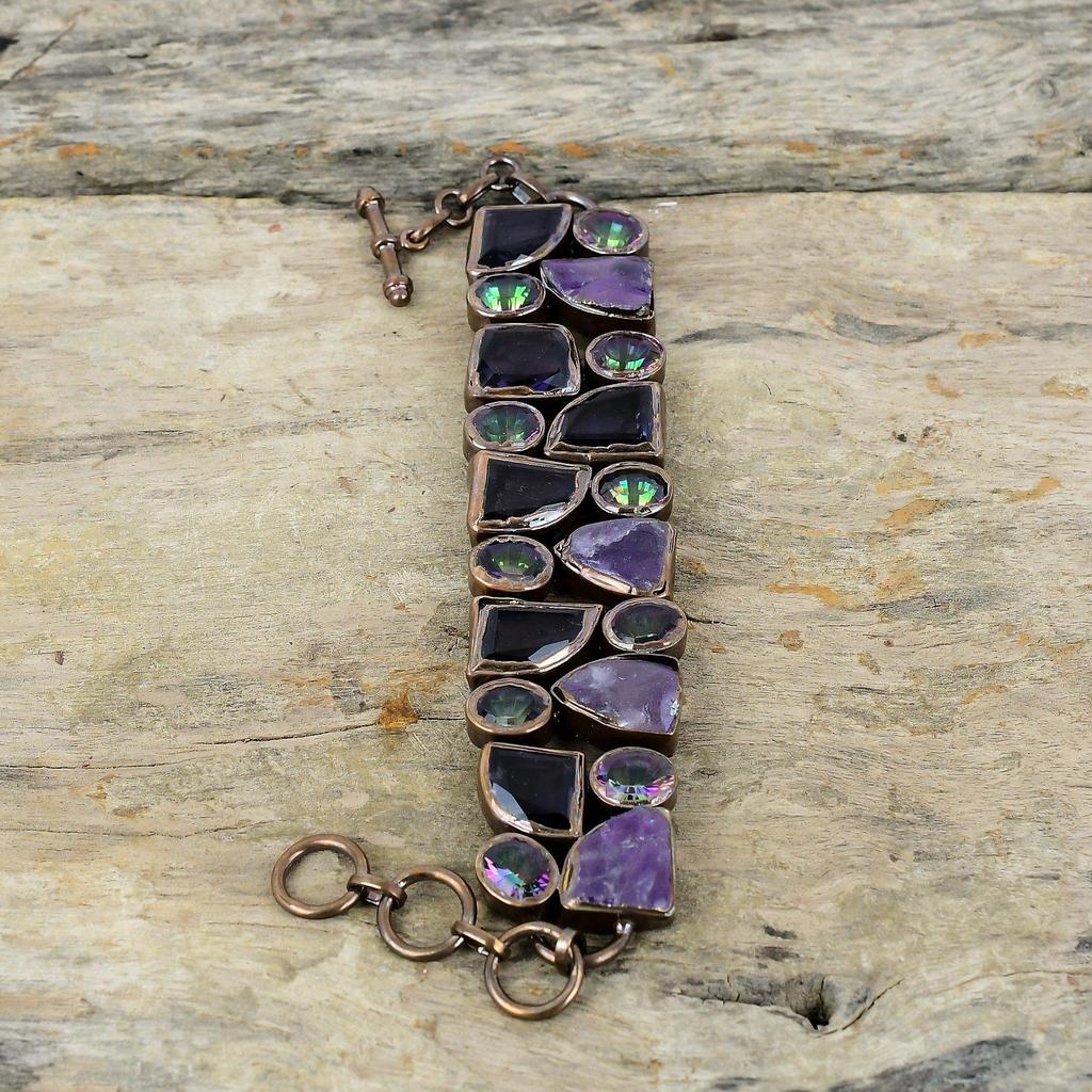 Браслет с граненым африканским аметистом, браслет из гальванизированной меди, регулируемый браслет-цепочка, Радужный мистический топаз, драгоценный камень, ювелирные изделия, свадебный подарок