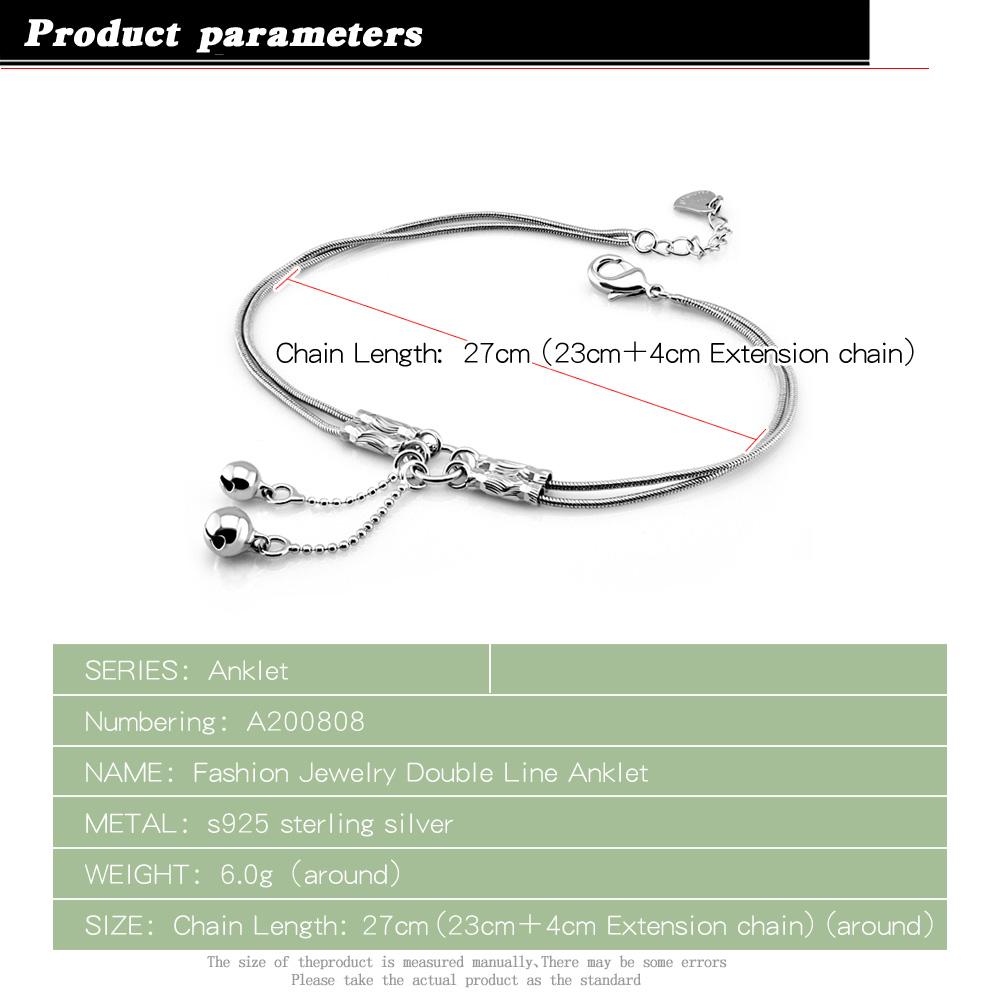 Fashion Cute Girl Bell Anklets Women Solid 925 Sterling Silver Snake Chain anklets.Contracted Double Chain 27cm Anklets. Jewelry