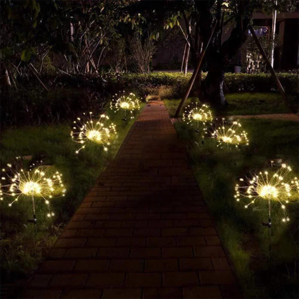 Solar Powered Fireworks String Lights 90/150 LED Outdoor Waterproof Garden Lawn Fairy Lights, 8 Modes for Balcony Holiday Decor