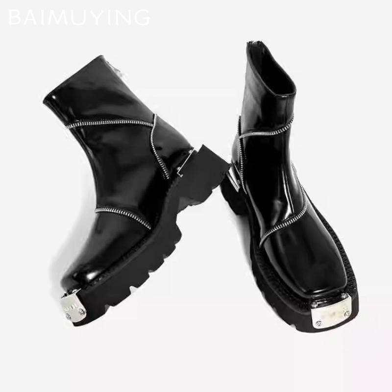 Leather Plaform Women Ankle Shoes Mid Heels Deisgner Shoes Chunky Winter Motorcycle Boots 2024 Trend New Goth Botas De Mujer