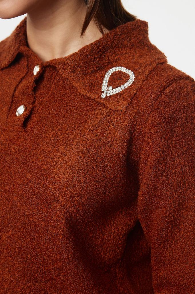 Women's Elegance Style Sweater Stone Soft Textured Bronze Detailed Knitwear Sweater