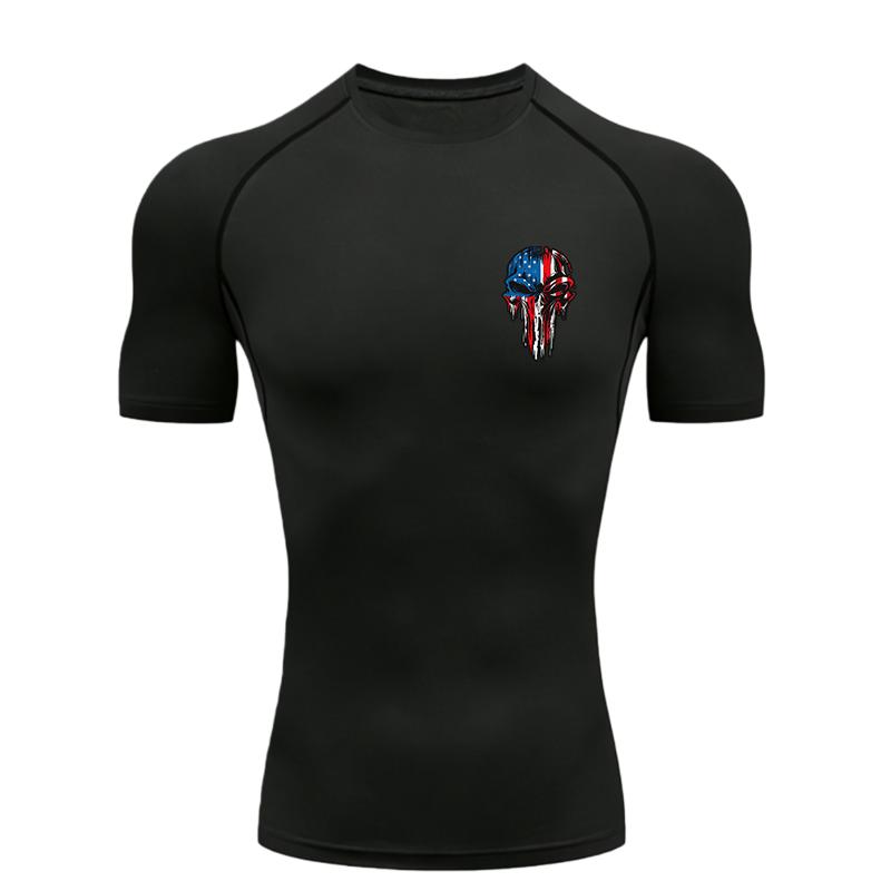 American Flag Skull Men's Sports T-shirt Training Fitness Quick Dry Short Sleeve Jogging Running Workout Compression Shirt