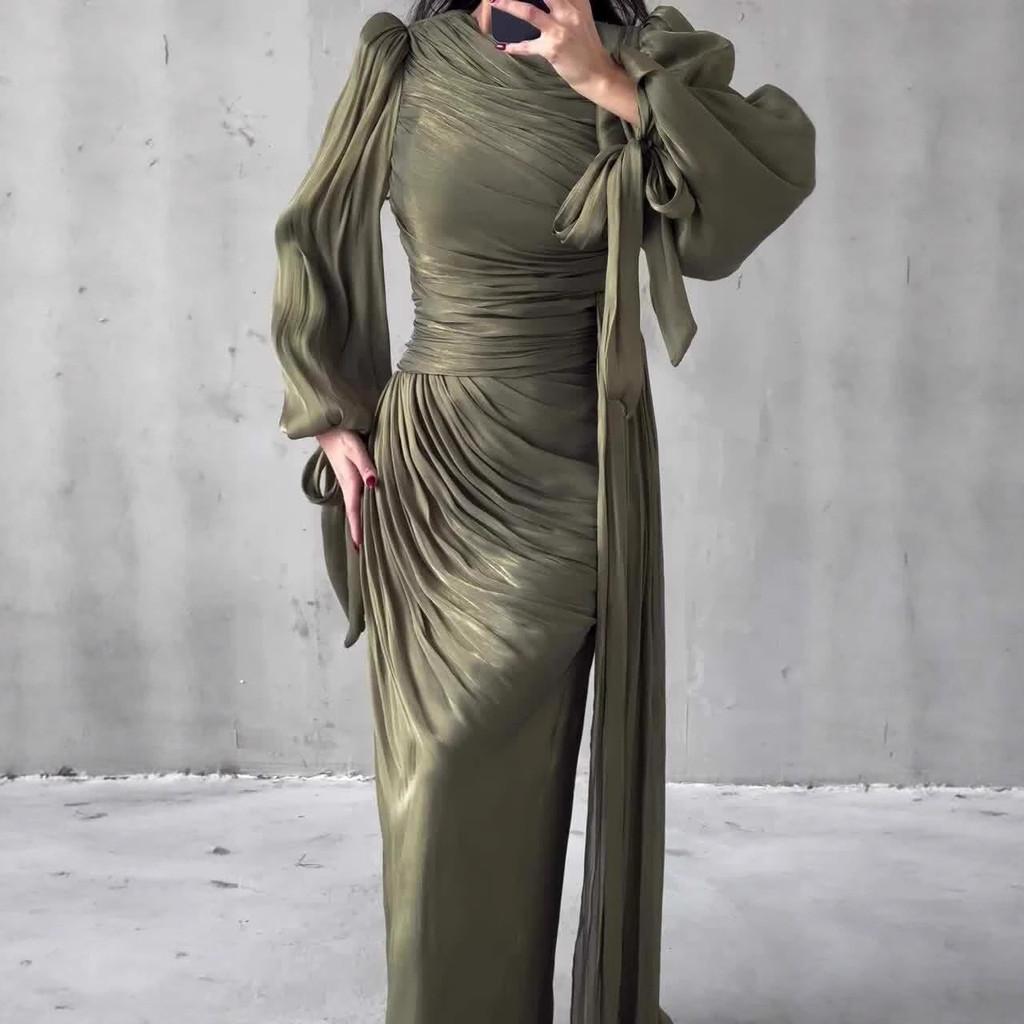 Polyester Pleated Dress With Long Sleeves For Elegant Women Spring