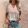 Women's V-Neck T-Shirt Summer Fashion Short Sleeve Tee Shiny Casual 3D Tshirt Women Loose Oversized Top Pullover Clotheing