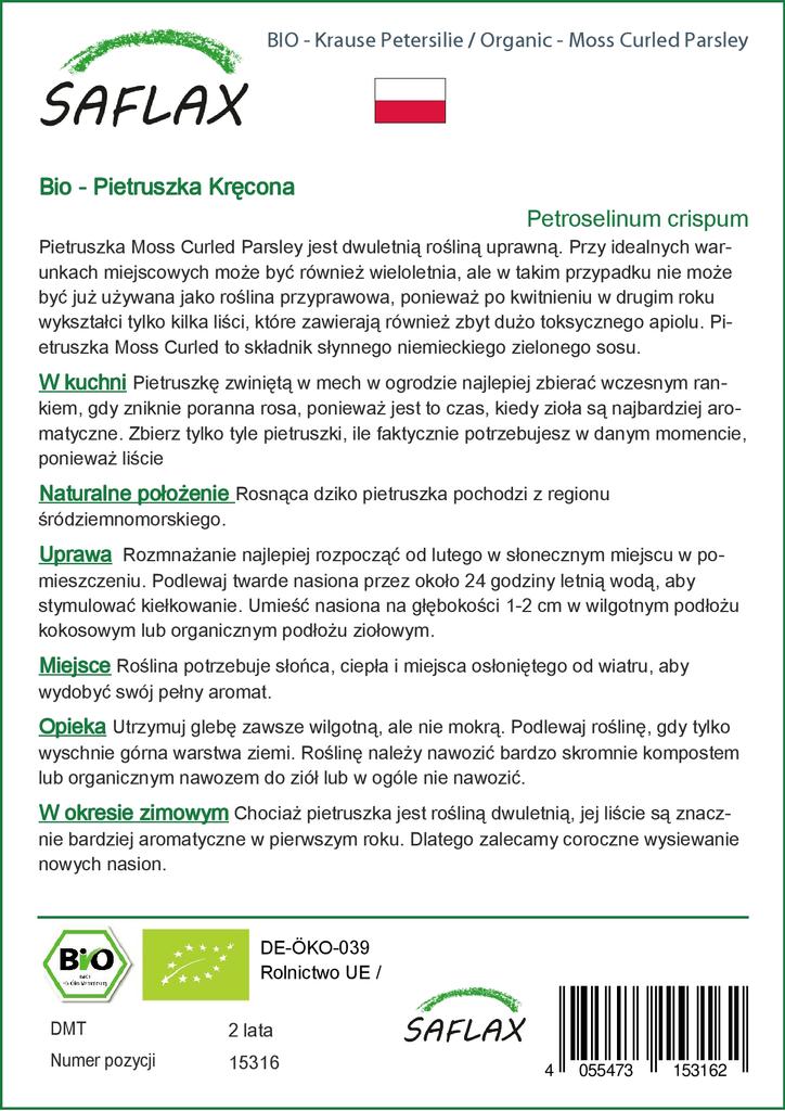 SAFLAX Garden in the Bag - Органический - Петрушка, скрученная мхом - 800 семян - С субстратом в подходящем стоячем пакете - Petroselinum Crispum