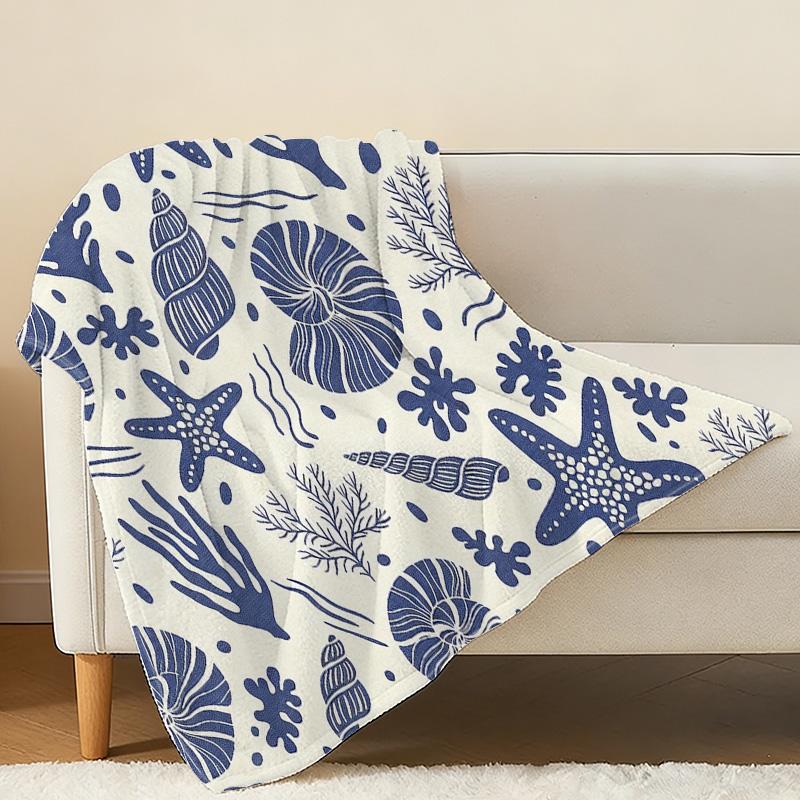 Ocean Themed Flannel Blanket Lightweight Soft Blue & White Throw for Home, Sofa, Window Seat, Halloween & Christmas Decor & Warmth