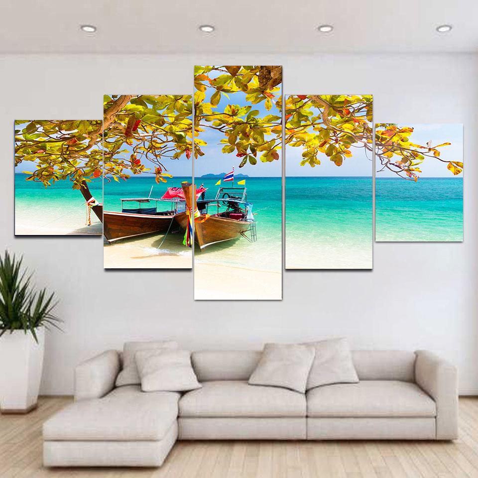5 панелей, пейзаж, традиционная деревянная длинная лодка, пляж, холст, живопись, постеры и принты, настенное искусство, домашний декор, без рамки