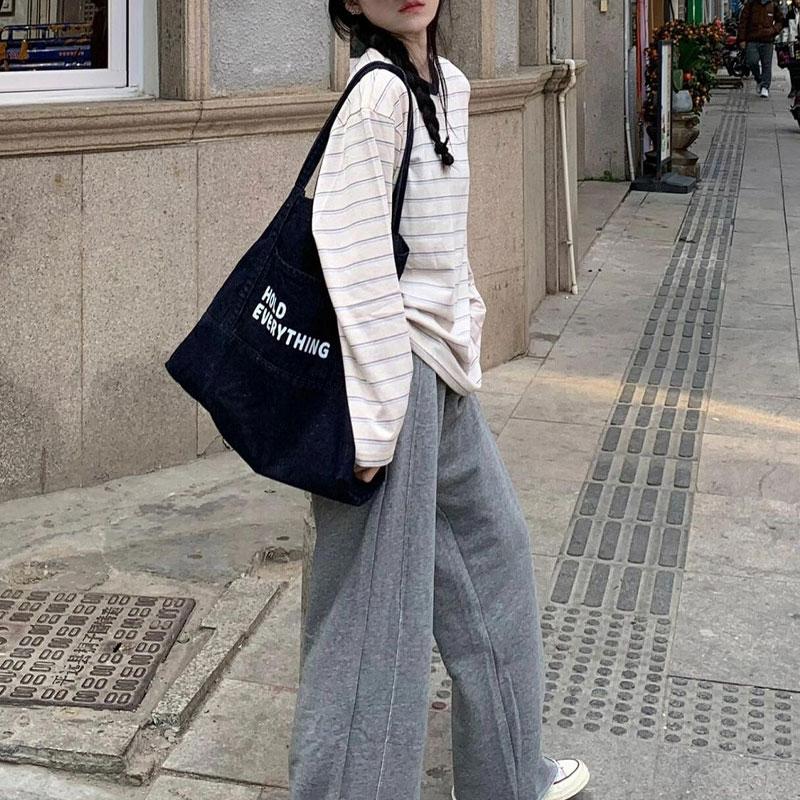 Fashionable Striped O-Neck Pullovers Autumn Korean Basic Loose Female Patch Casual Long Sleeve T-shirts