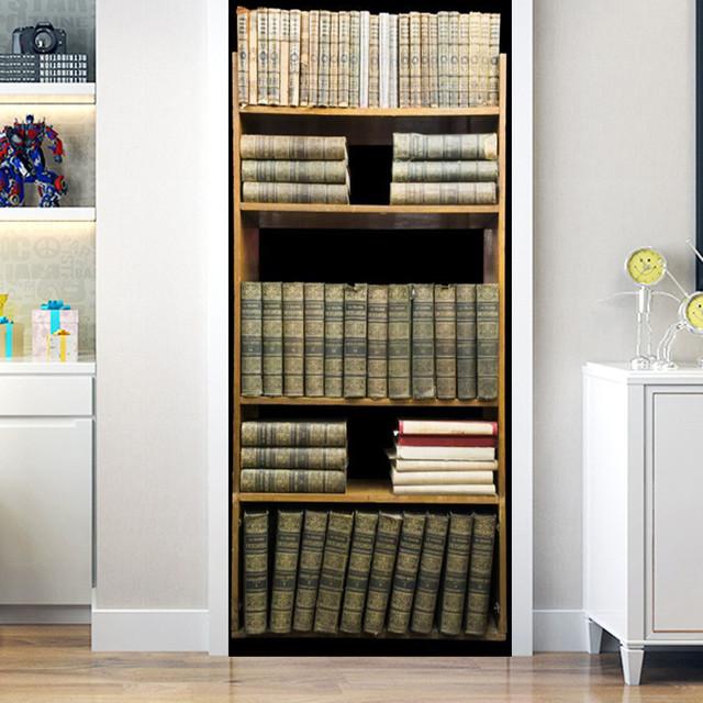 Деревянная книжная полка, дверные наклейки, винтовая лестница, библиотека, ретро литература, художественный декор для книжного магазина, ремонт, ПВХ обои, наклейка