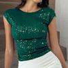 Женская футболка с круглым вырезом и коротким рукавом, топы с пайетками, открытая спина, облегающий крой, сексуальные топы для вечеринок, повседневная одежда