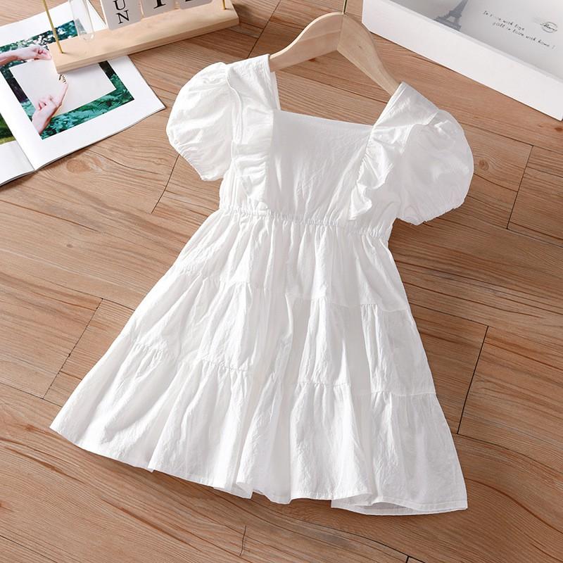 Girls Short Sleeve Dress Ruffle Trim White Cotton Princess