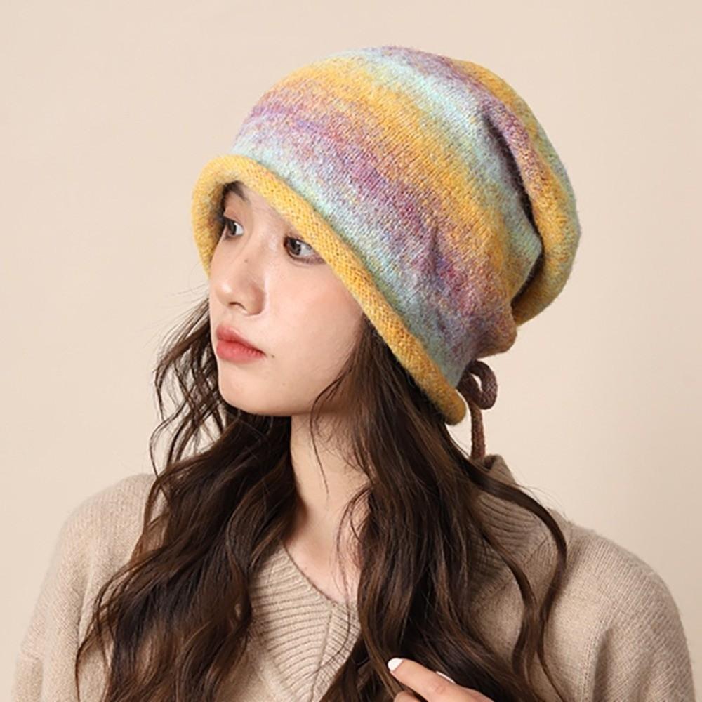 Gradient Color Beanies Skullies Knitted Drawstring Slouch Hat Fashion Bonnet Hat