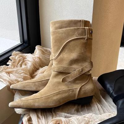 Версия из коровьей кожи~ 2025 новые корейские кожаные остроносые ковбойские сапоги в западном стиле женские на толстом каблуке с пряжкой короткие рыцарские сапоги