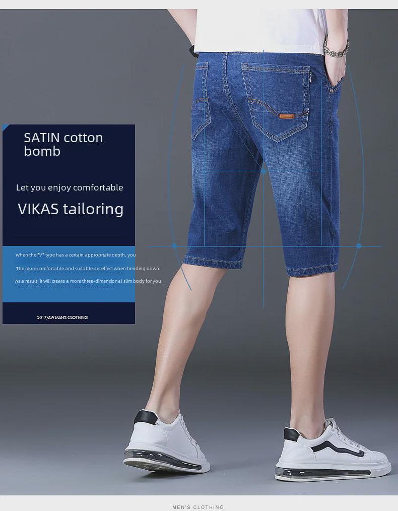 Popular Men's Cropped Four-Season Trousers: Elastic, Mid-Waist, and Trendy 7-Point Regular Denim for Youthful Style