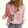 Women Fashion Buttoned Long Sleeve Shirt Ladies Casual Thin Cotton Linen Top Cat Print Long Sleeve Blouse