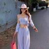 New Striped Lazy Bikini Shirt Wide Leg Pants Suspender Four-piece Swimsuit Island Beach Resort INS