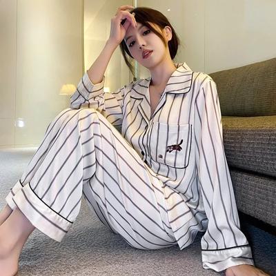 Пижама женская осень-зима новый ледяной шелковый длинный рукав полосатый принтованный костюм весна и осень корейская повседневная домашняя одежда