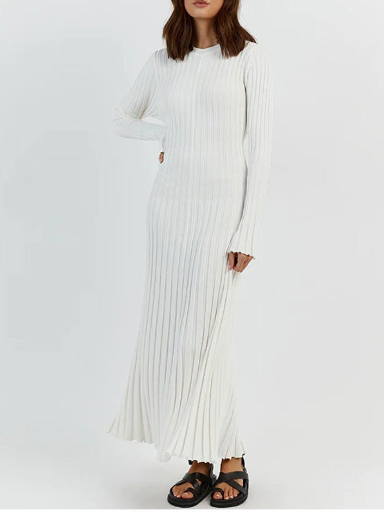 Сплошное цветное вязаное платье с круглым вырезом и длинными рукавами, женское плиссированное тонкое белое длинное платье, женская офисная уличная одежда, Vestido