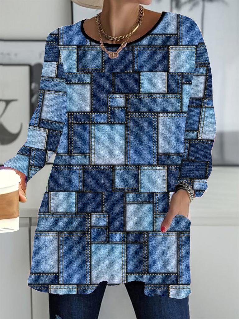 2025 Autumn Winter New Plus Size Women's Tops, Cowboy Pattern 3D Print Fashion Crew Neck Long Sleeve T-Shirts