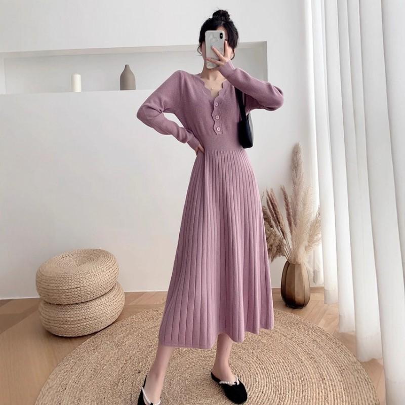 Elegant V-Neck Knit Midi Dress Women Winter High Waist Slim Fit Solid Color Long Sleeve